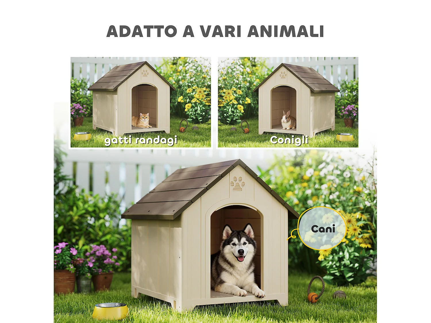 Cuccia per cani in pp con tetto inclinato e prese d'aria beige marrone