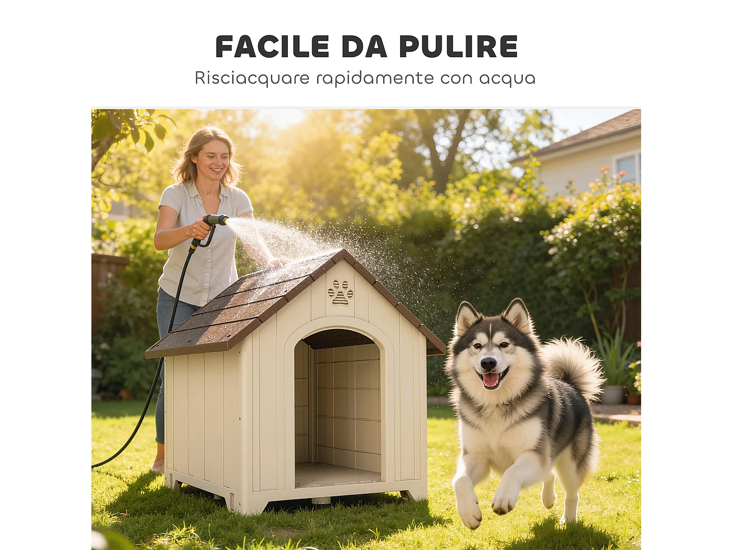 Cuccia per cani in pp con tetto inclinato e prese d'aria beige marrone