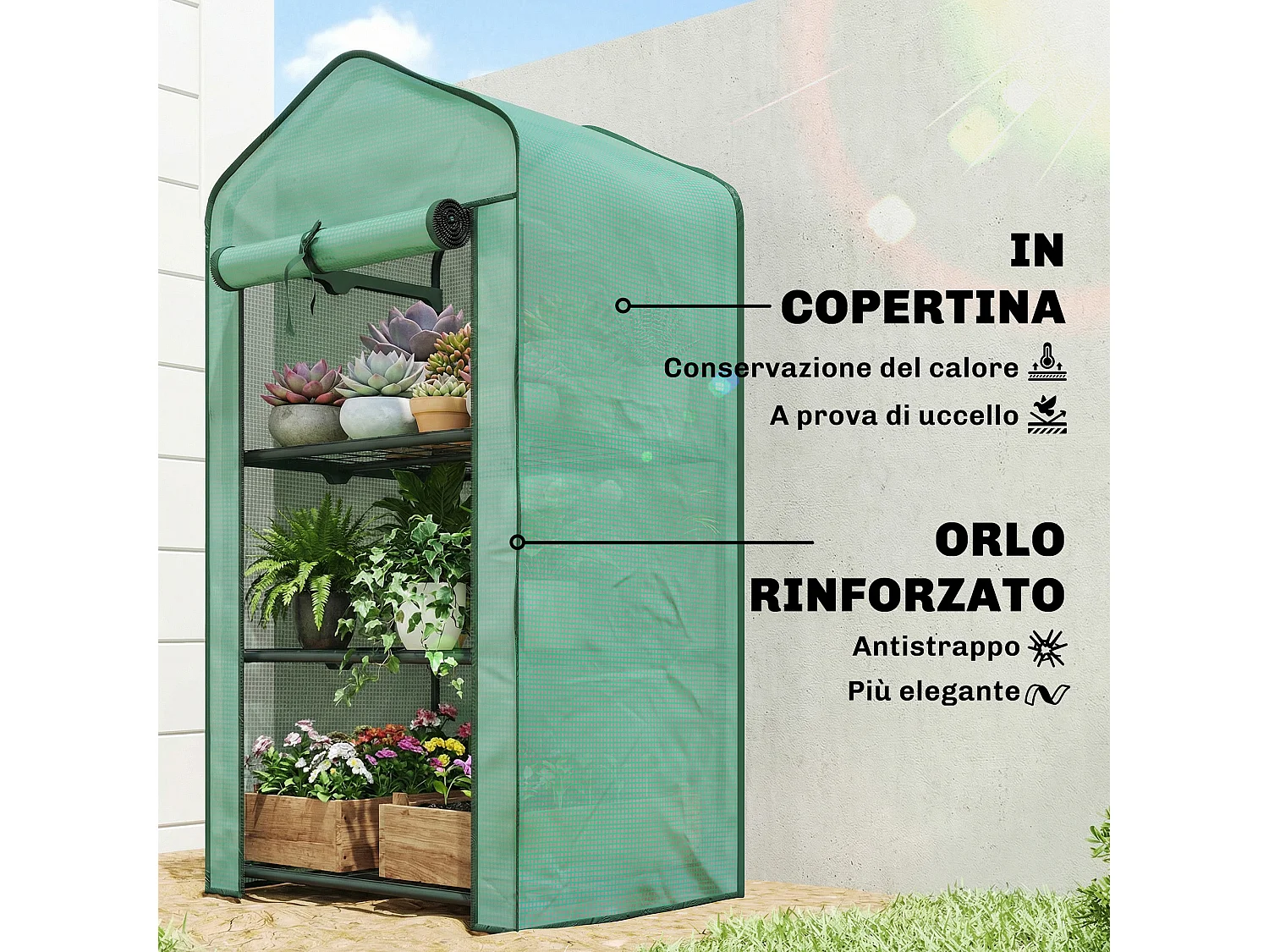Mini serra da giardino con 3 ripiani e copertura in PE 59x39x127cm