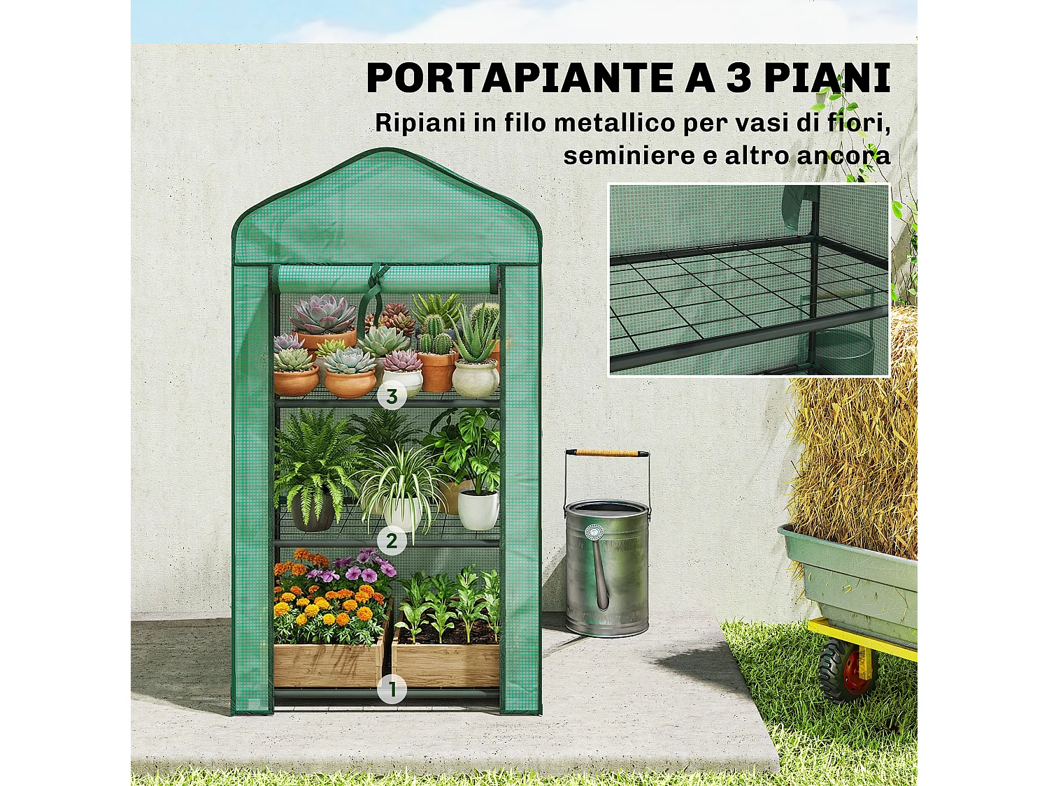Mini serra da giardino con 3 ripiani e copertura in PE 59x39x127cm