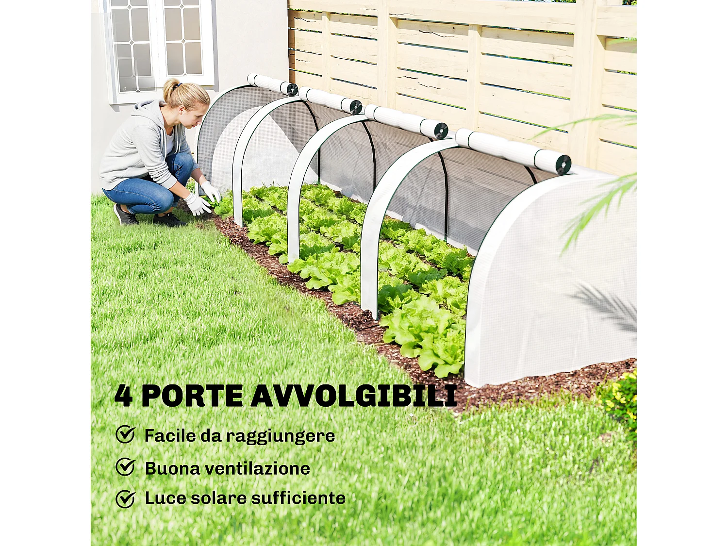 Serra a tunnel in acciaio copertura in plastica e 4 porte bianco