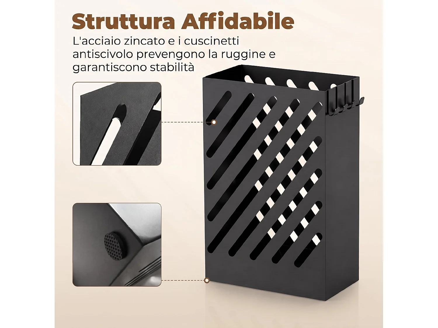 Portaombrelli da terra con ganci in acciaio nero
