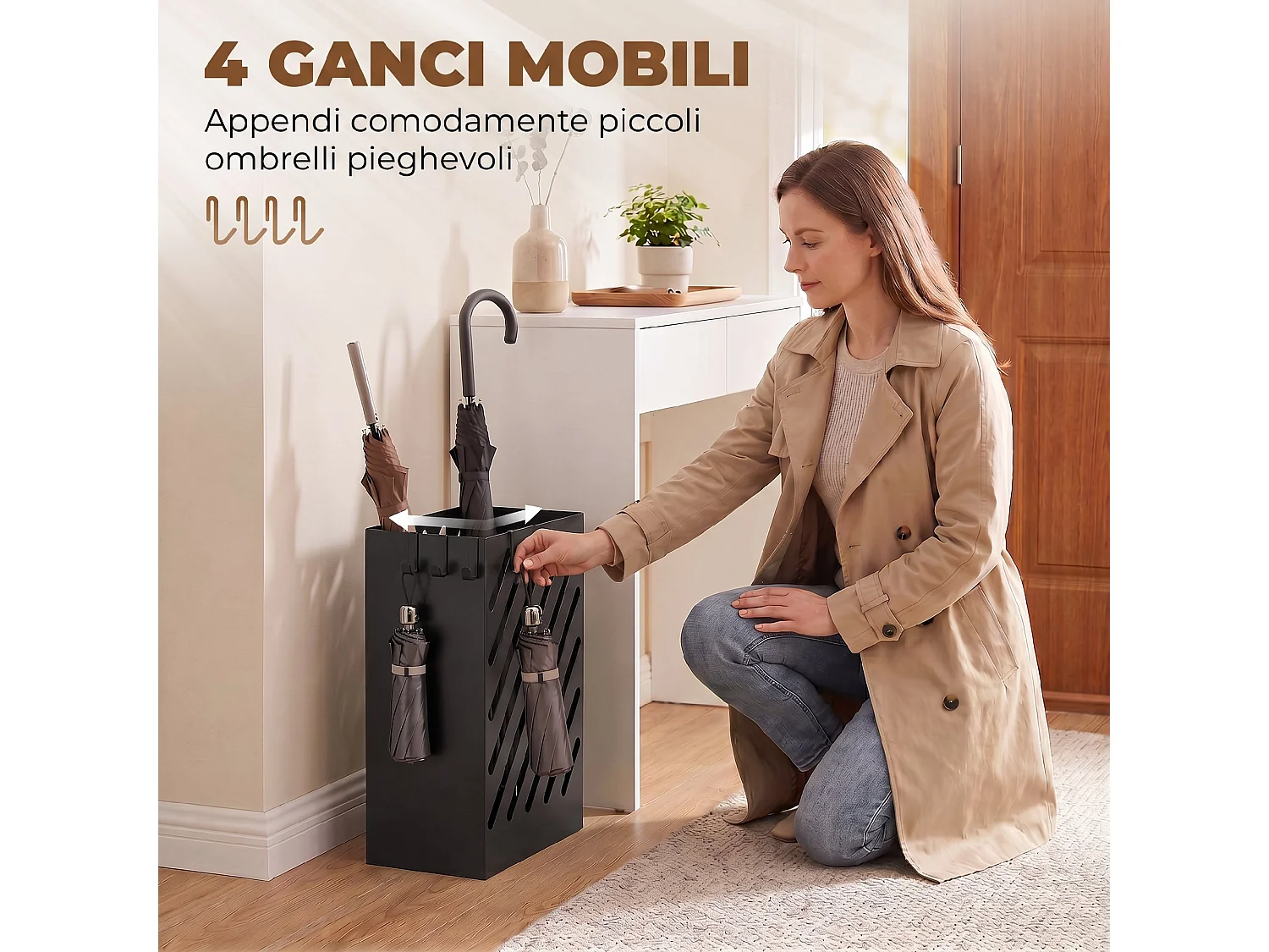 Portaombrelli da terra con ganci in acciaio nero