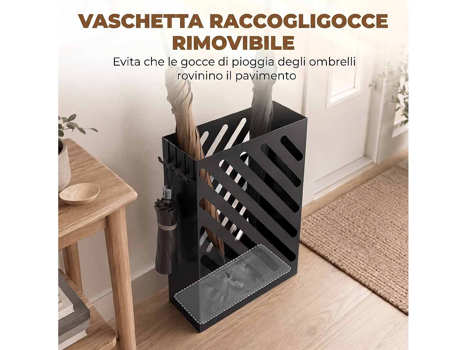 Portaombrelli da terra con ganci in acciaio nero