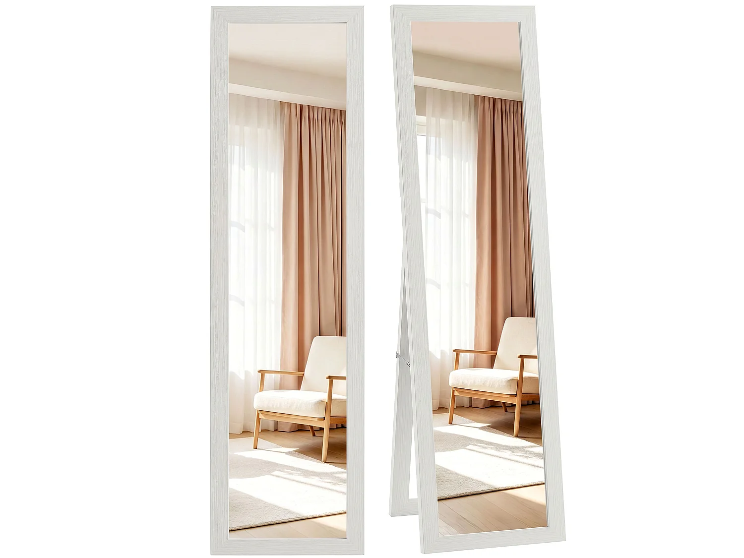 Specchio a Figura Intera Autoportante 37x157 cm Bianco con Venature Legno