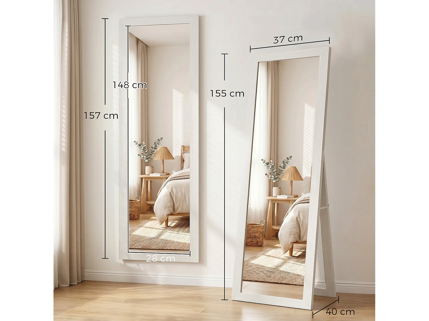 Specchio a Figura Intera Autoportante 37x157 cm Bianco con Venature Legno