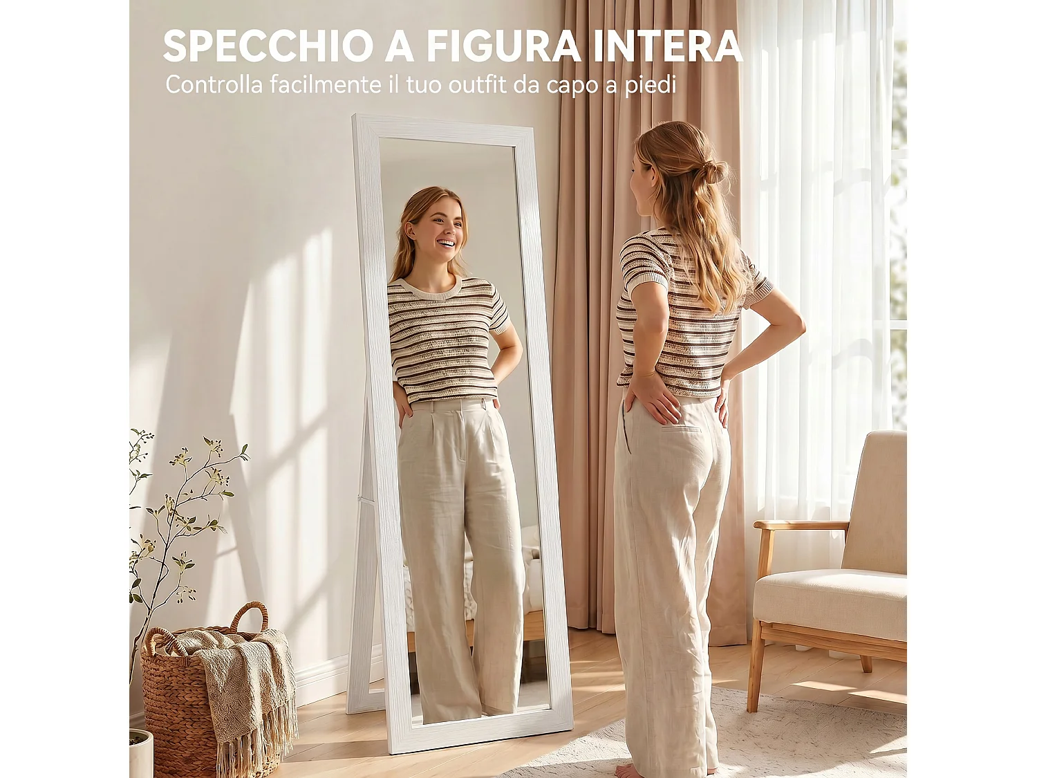 Specchio a Figura Intera Autoportante 37x157 cm Bianco con Venature Legno