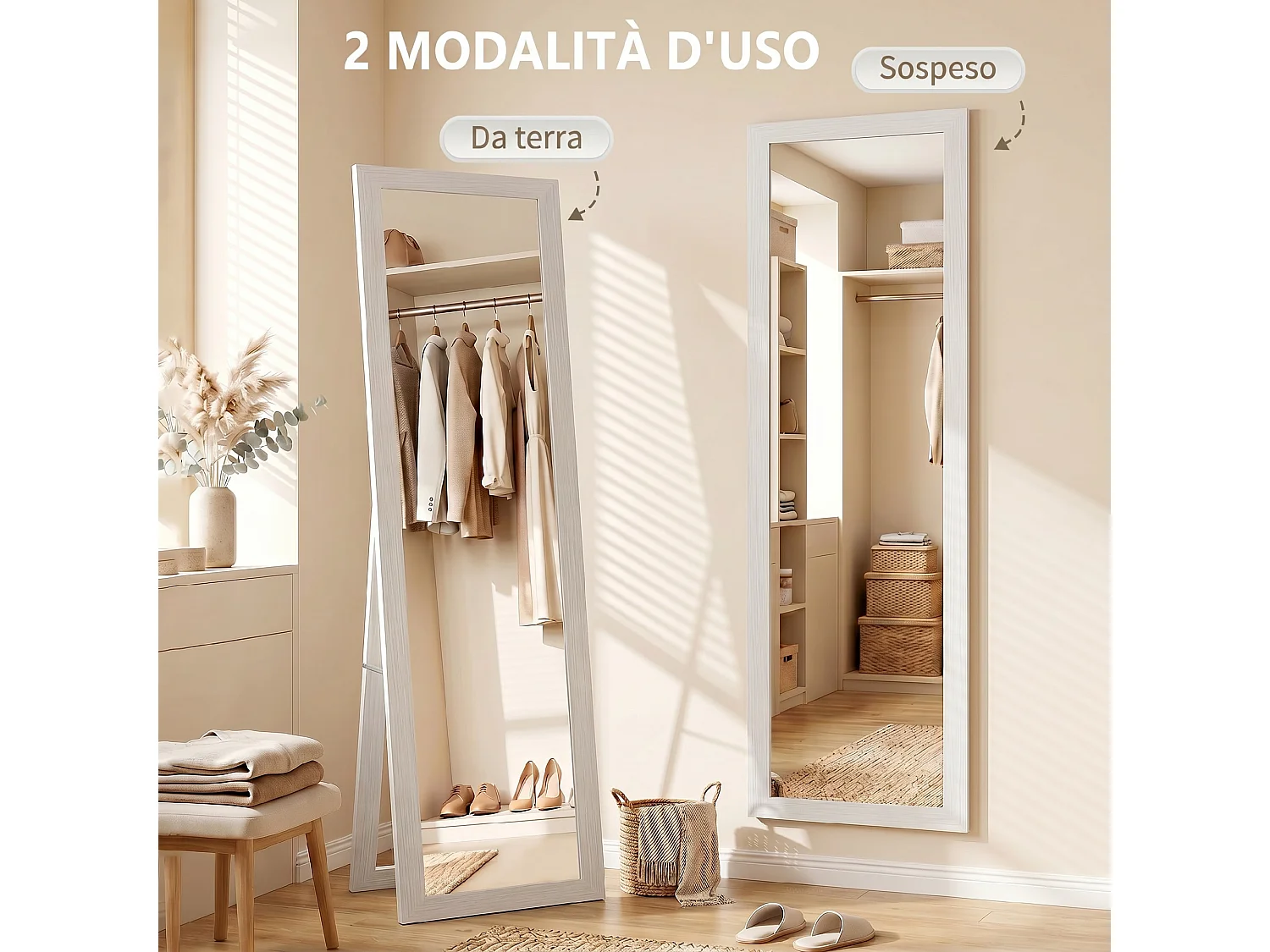 Specchio a Figura Intera Autoportante 37x157 cm Bianco con Venature Legno