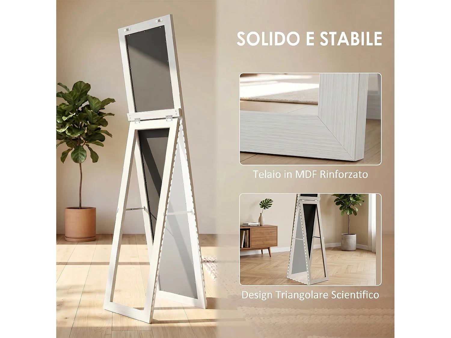 Specchio a Figura Intera Autoportante 37x157 cm Bianco con Venature Legno