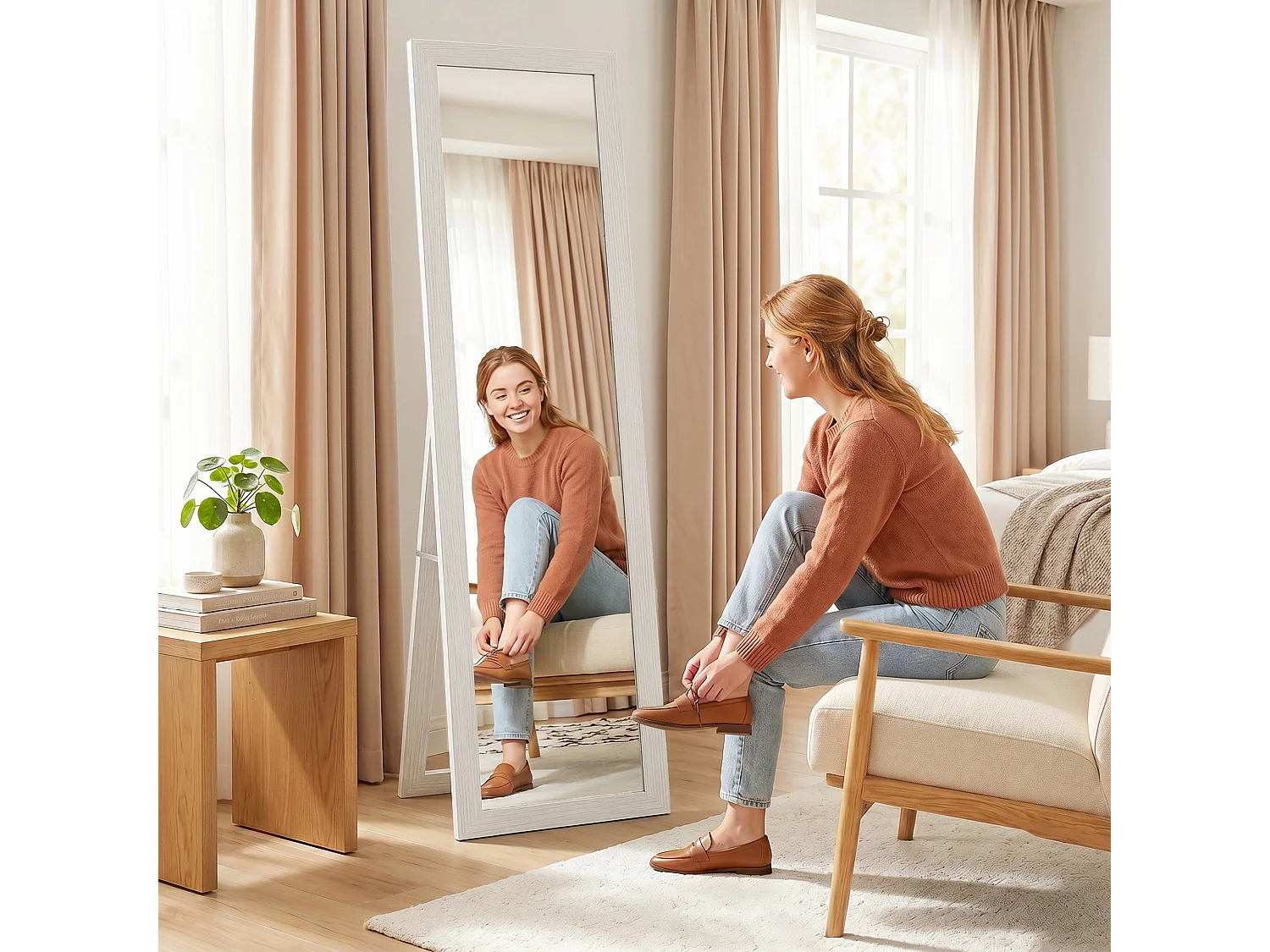 Specchio a Figura Intera Autoportante 37x157 cm Bianco con Venature Legno