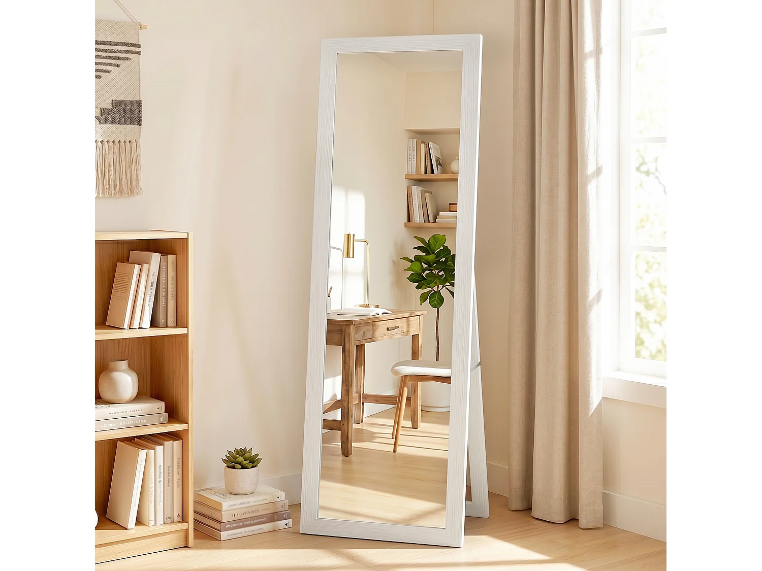 Specchio a Figura Intera Autoportante 37x157 cm Bianco con Venature Legno