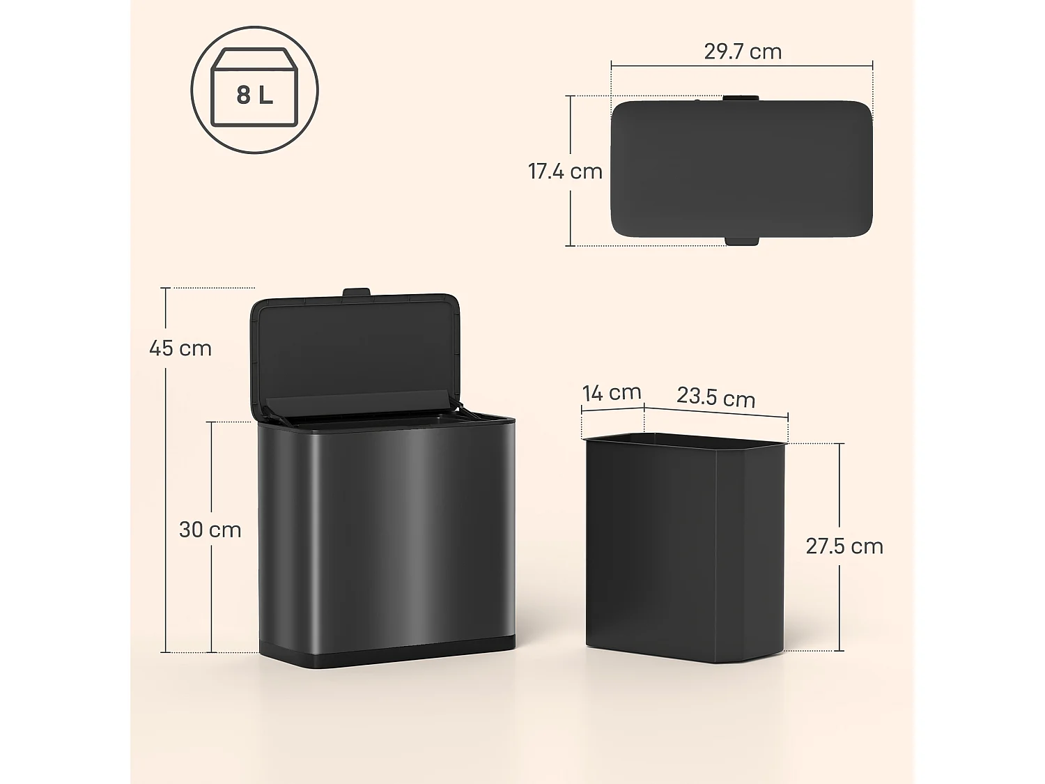Cestino spazzatura da 8l con coperchio in acciaio inox nero