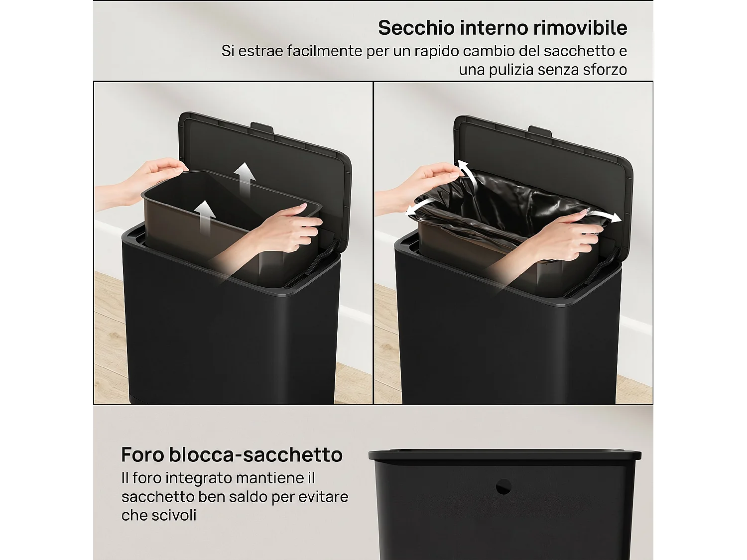 Cestino spazzatura da 8l con coperchio in acciaio inox nero