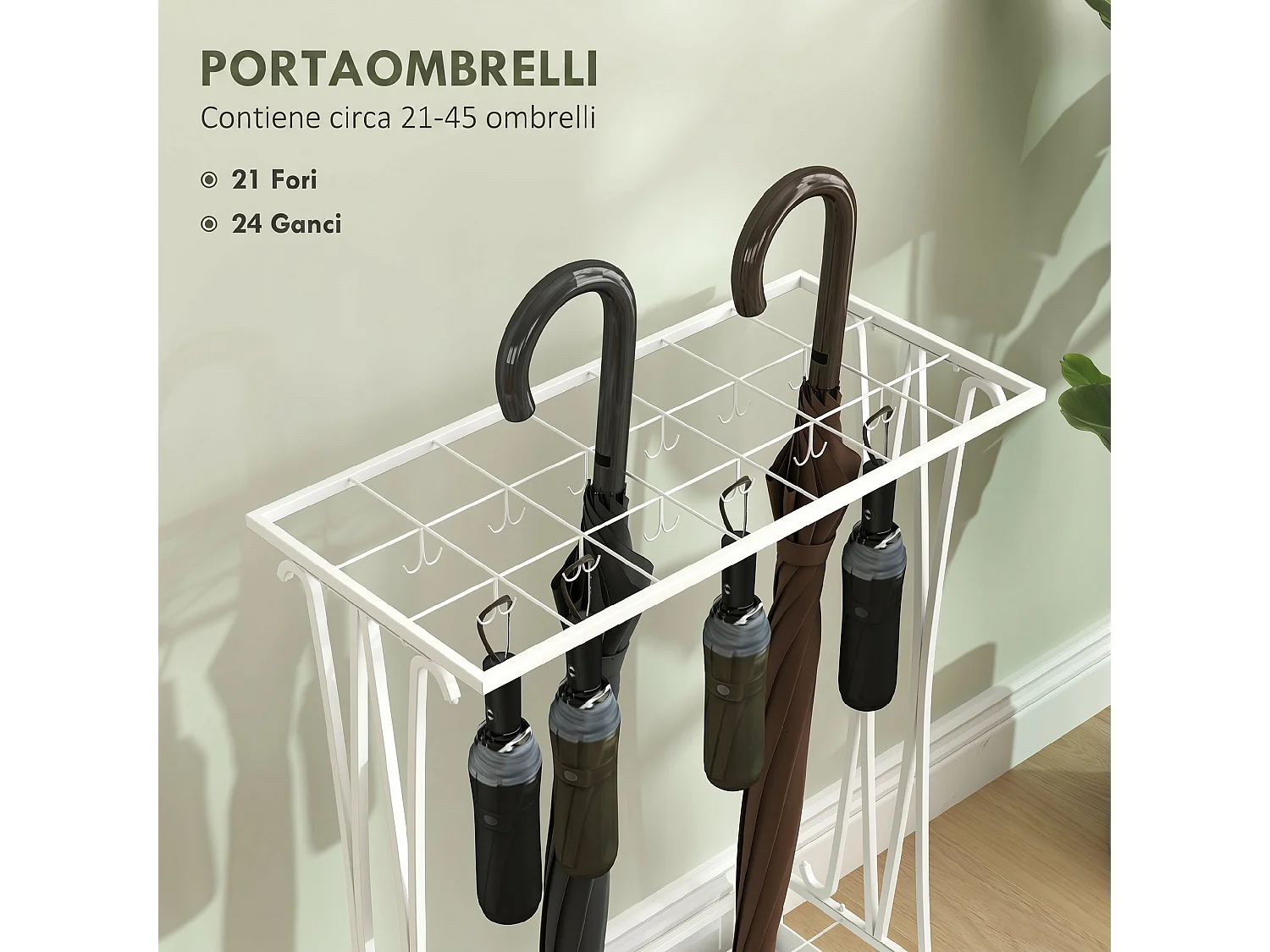 Portaombrelli con vaschetta 21 fori e 24 ganci in acciaio bianco