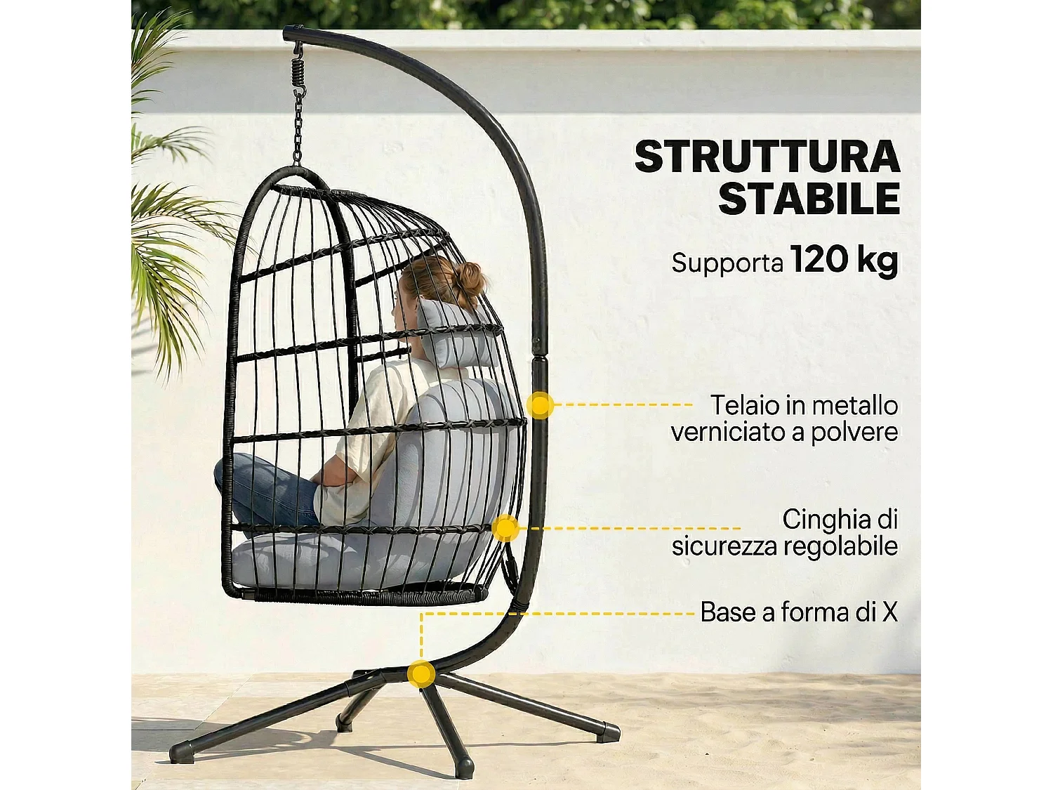 Sedia a uovo sospesa e pieghevole in metallo grigio chiaro