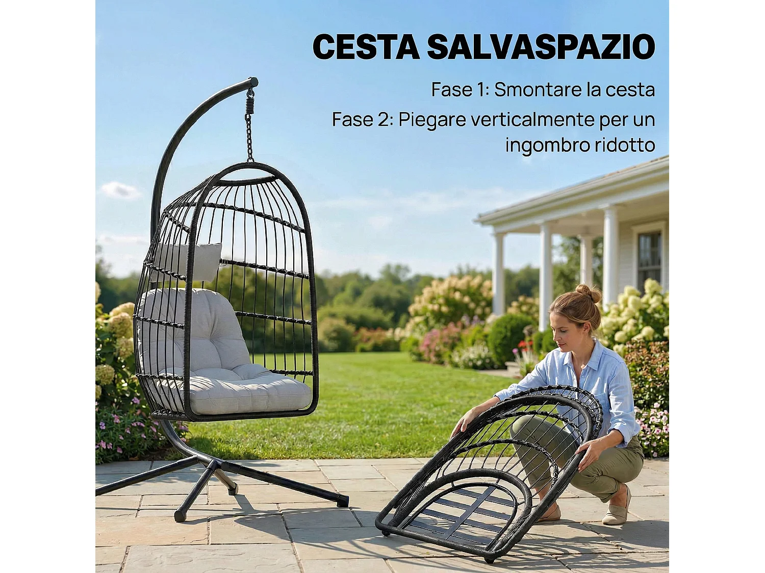 Sedia a uovo sospesa e pieghevole in metallo grigio chiaro