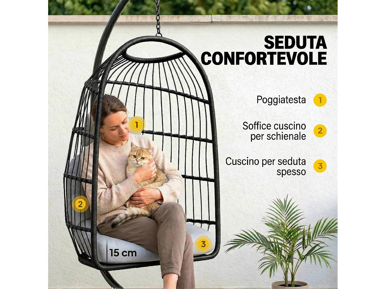 Sedia a uovo sospesa e pieghevole in metallo grigio chiaro