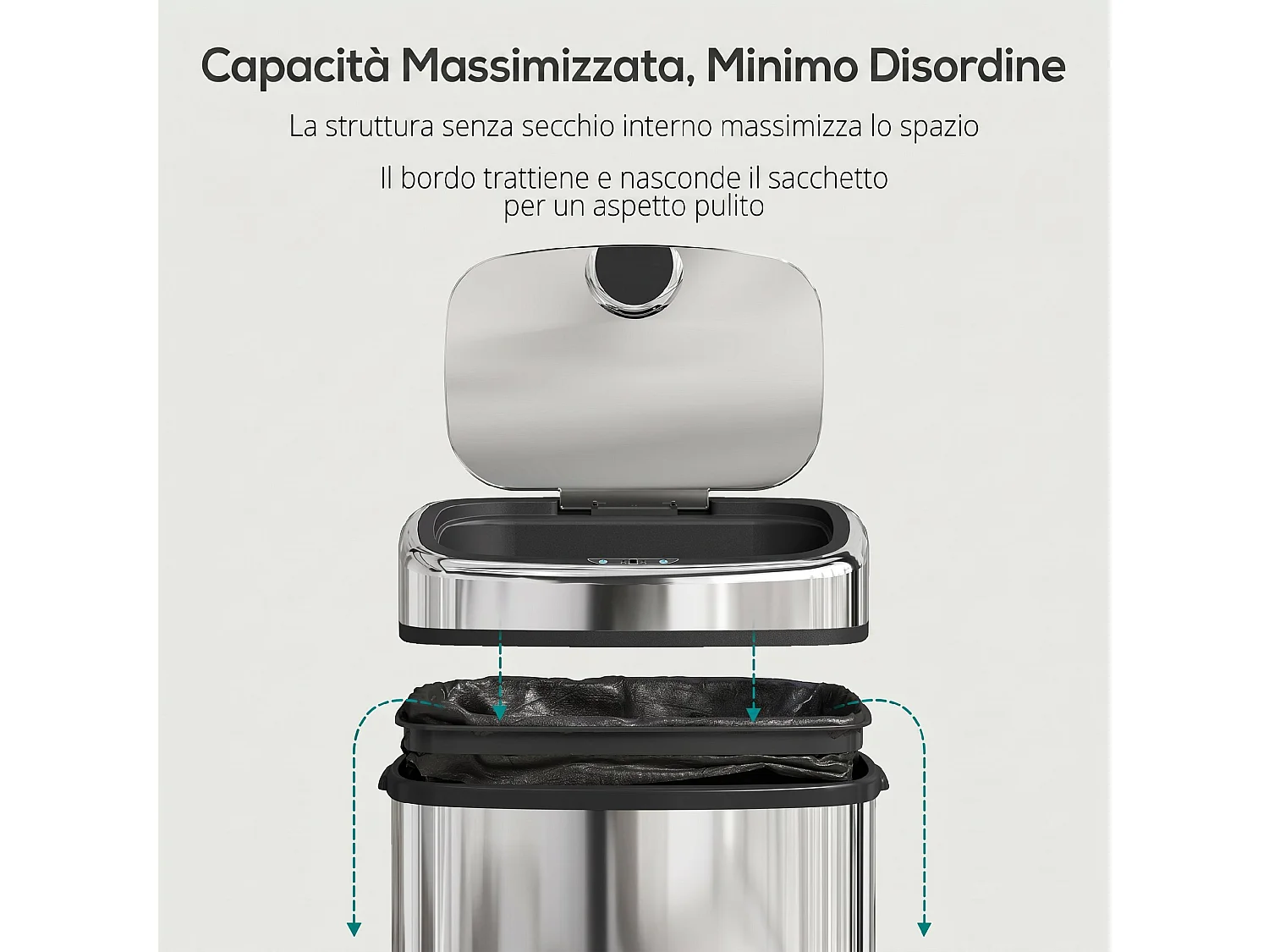 Pattumiera con sensore a infrarossi da 50l in acciaio inox argento
