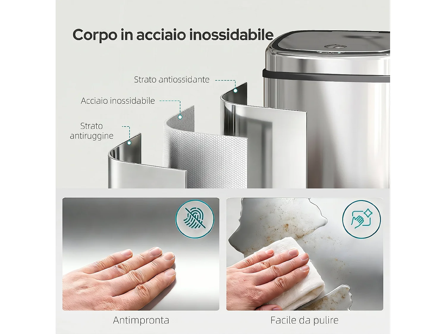 Pattumiera con sensore a infrarossi da 50l in acciaio inox argento