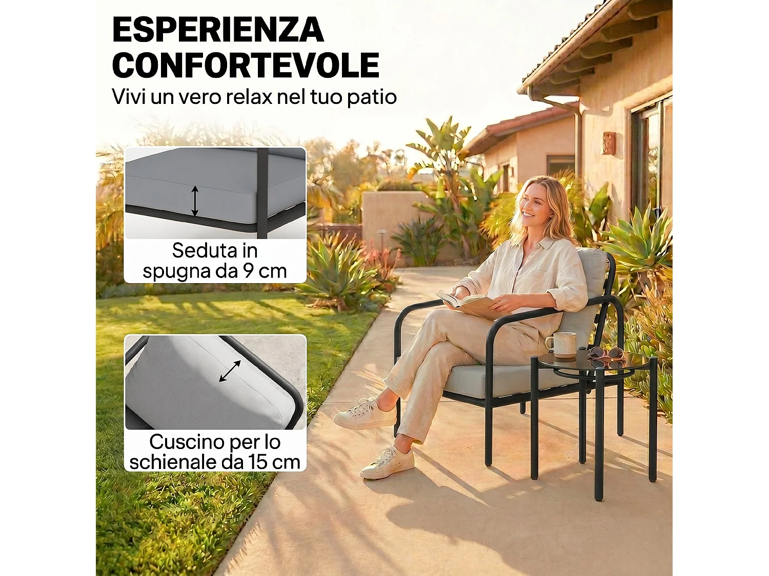 Set tavolino e sedie da esterno con cuscini spessi in acciaio nero