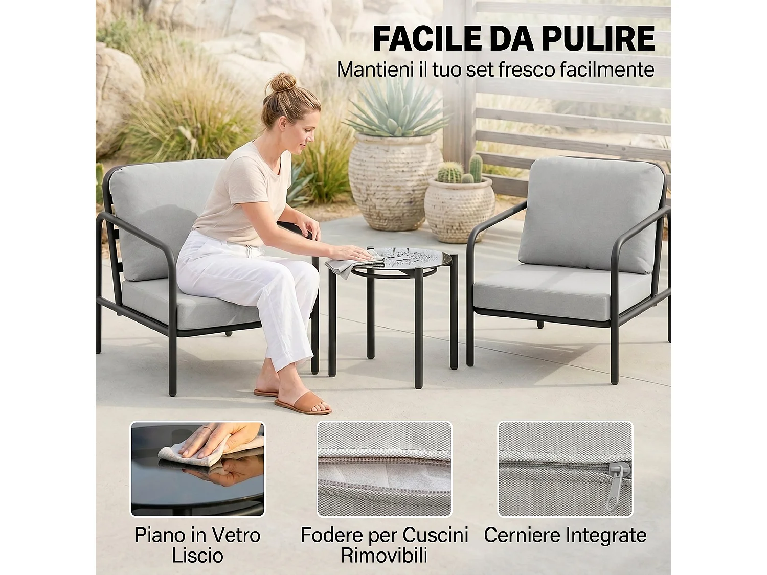 Set tavolino e sedie da esterno con cuscini spessi in acciaio nero