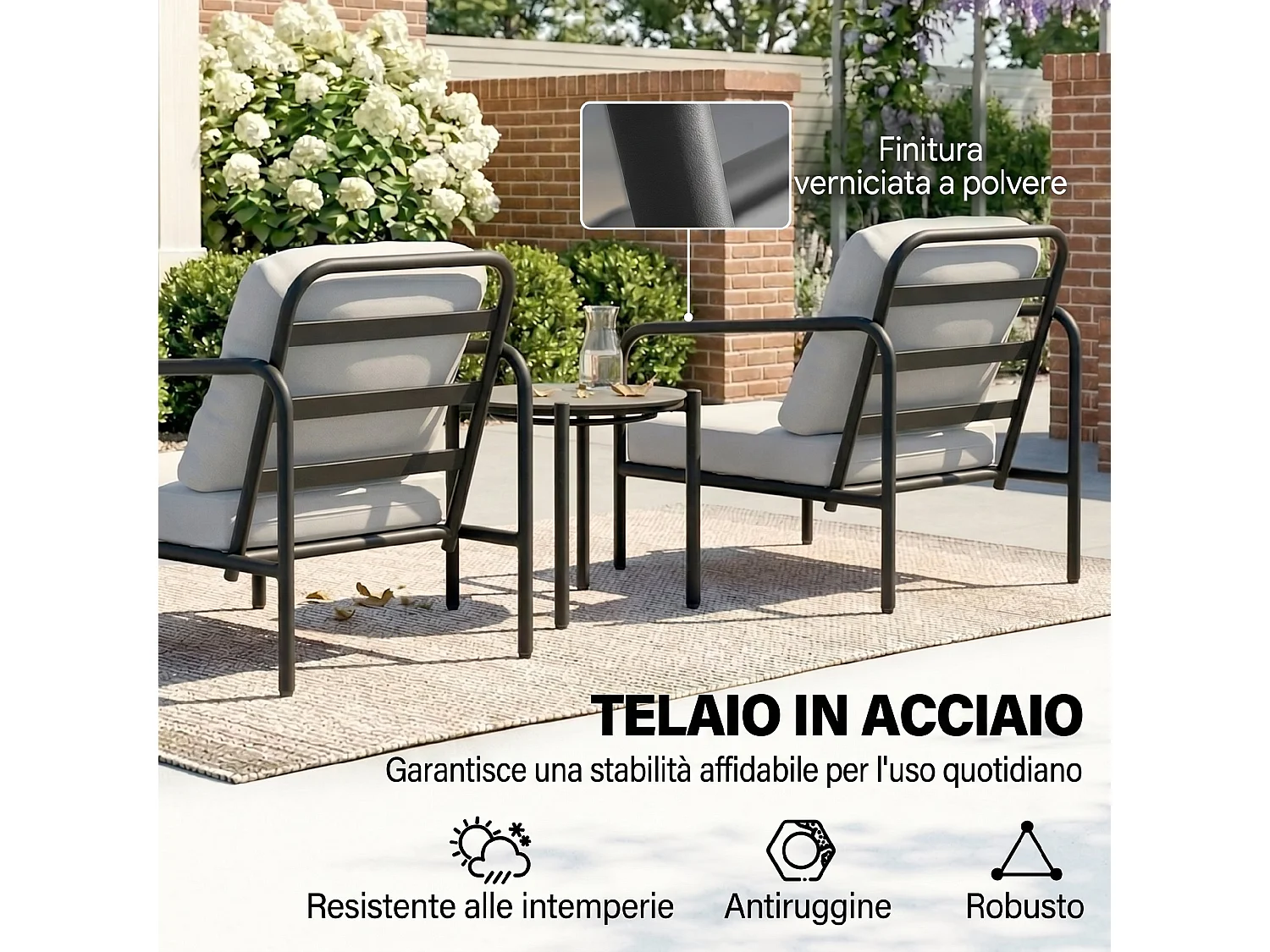 Set tavolino e sedie da esterno con cuscini spessi in acciaio nero