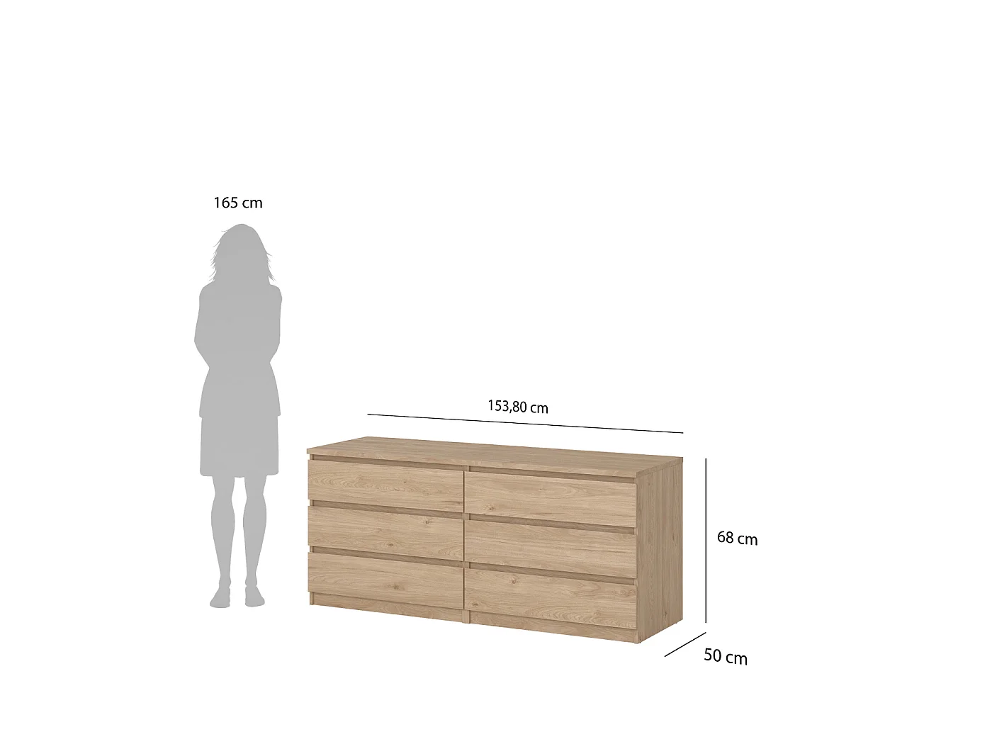 Dressoir Ylva Dubbel - Naturel Hickory Houtlook met 6 Lades - 153,8 x 50 x 68 cm