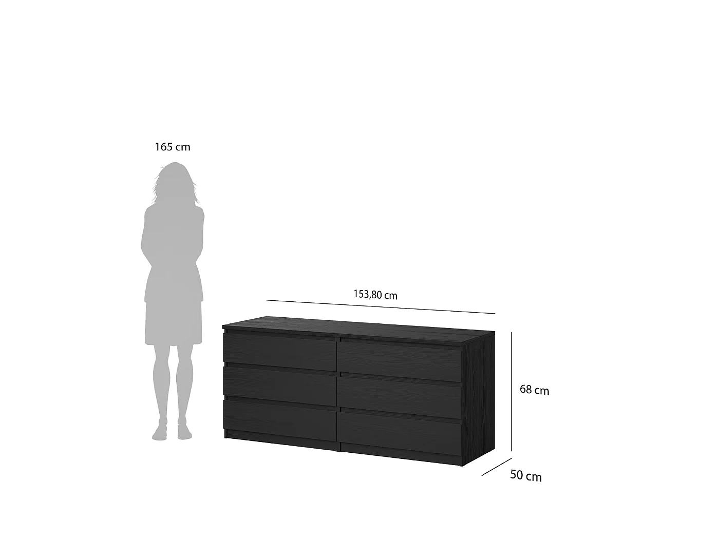 Dressoir Ylva Dubbel - Zwarte Houtnerflook met 6 Lades - 153,8 x 50 x 68 cm