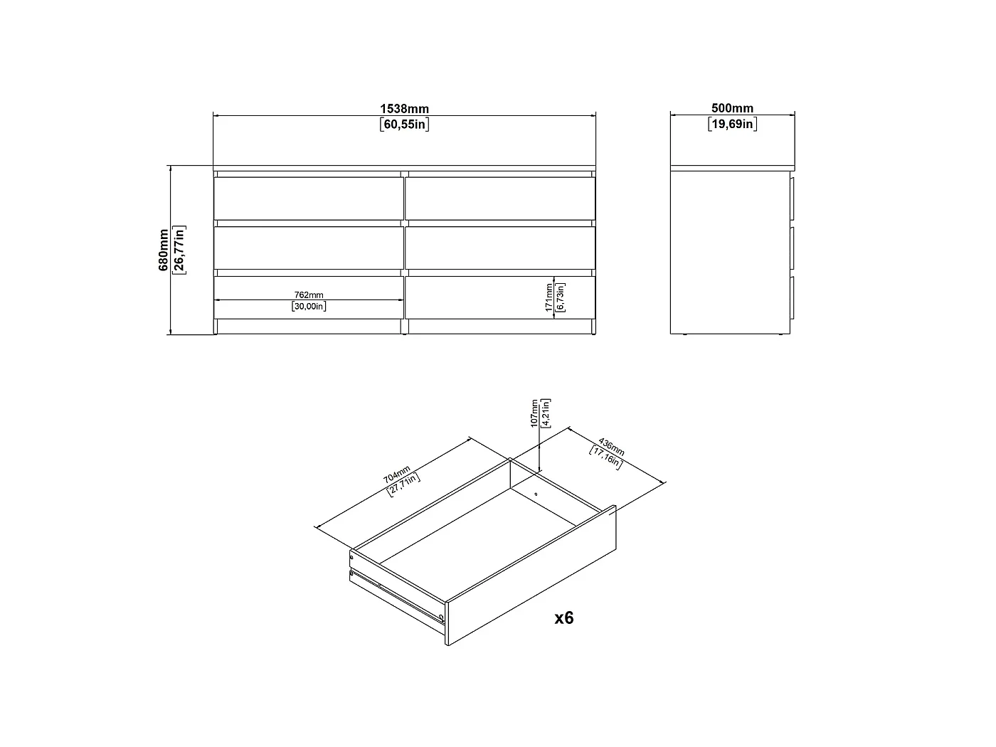 Dressoir Ylva Dubbel - Zwarte Houtnerflook met 6 Lades - 153,8 x 50 x 68 cm