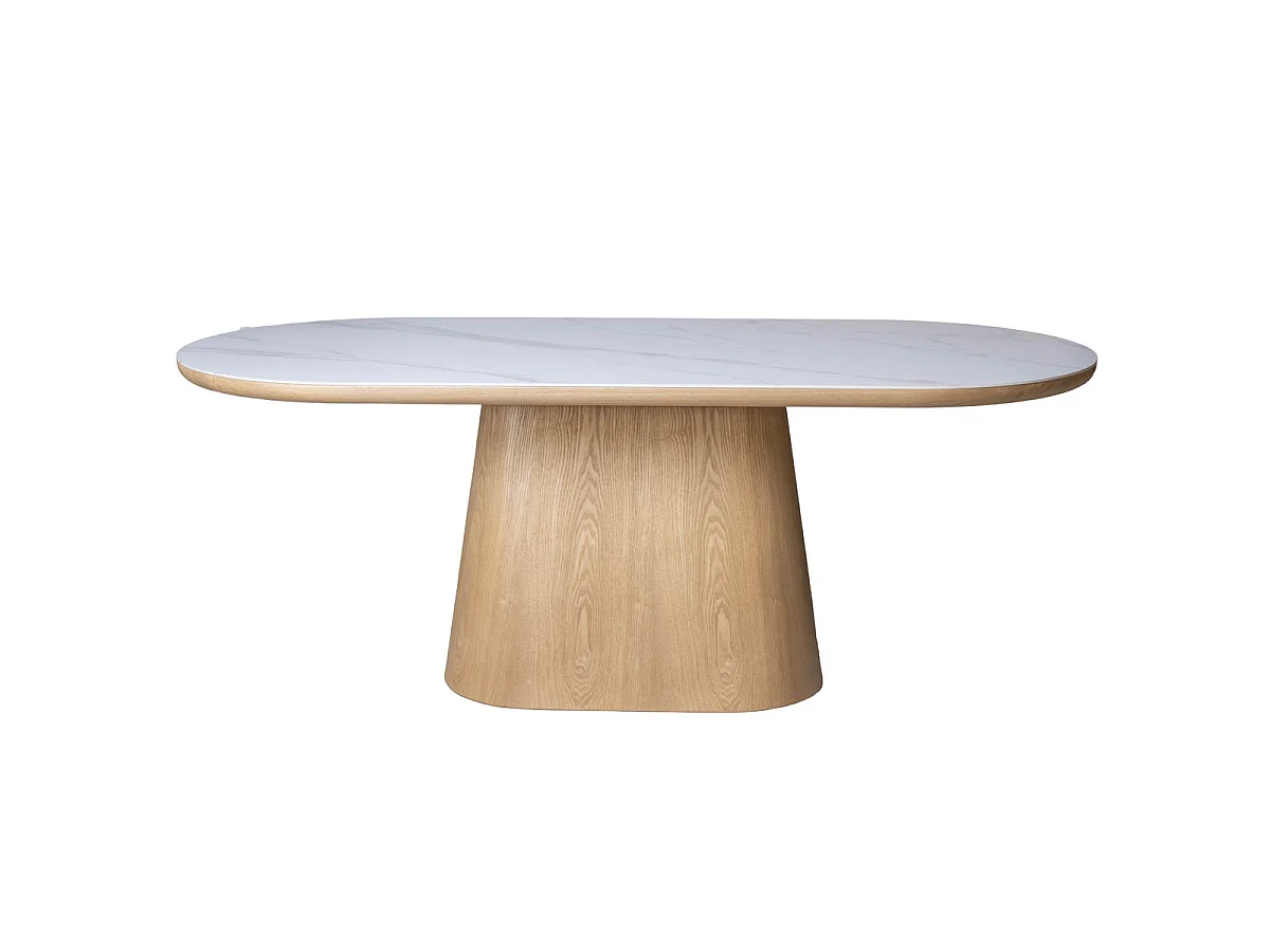 Eettafel Alba - Ovaal Wit Marmerlook met Naturel Onderstel - 200 x 90 x 77 cm - 4-6 pers.