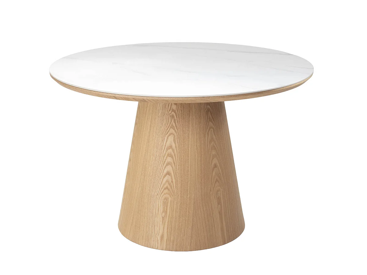 Eettafel Alba - Rond Wit Marmerlook met Naturel Onderstel - Ø 115 x 77 cm - 2-4 personen