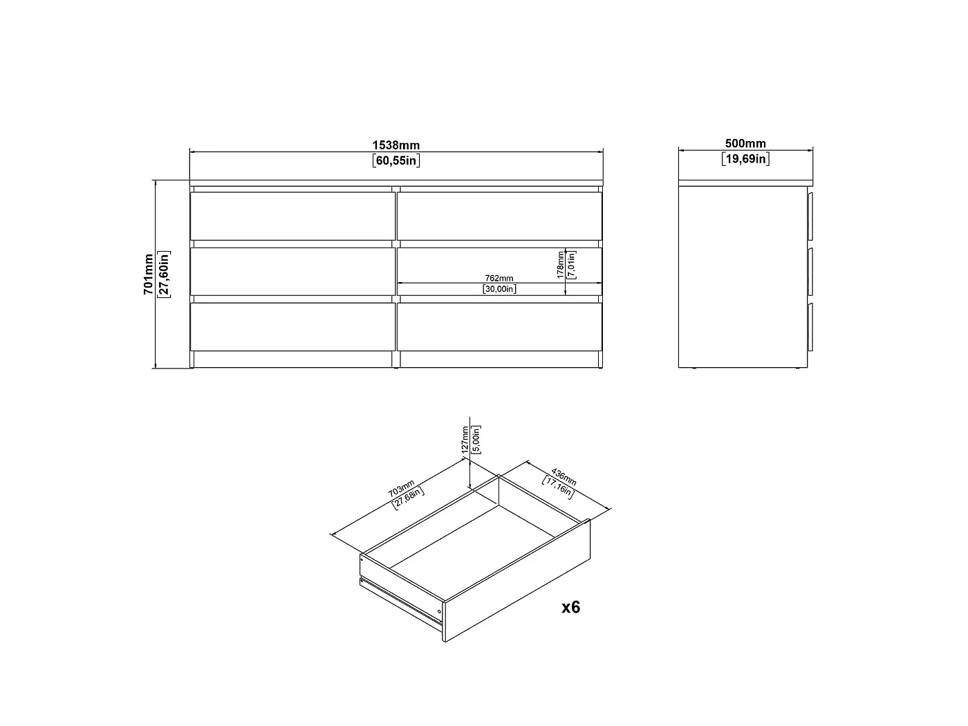 Dressoir Ylva Dubbel - Wit met 6 Lades - 153,8 x 50 x 68 cm