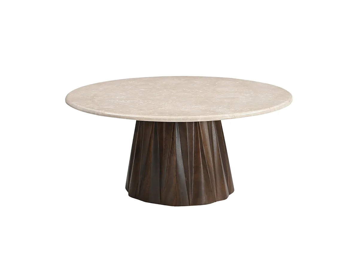 Salontafel Faiza - Rond Beige Marmer met Donkerbruin Mangohouten Onderstel - Ø 90 cm