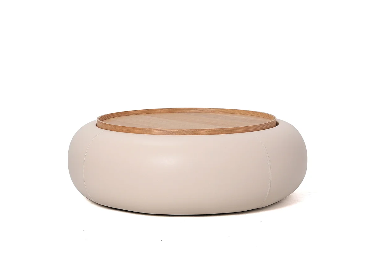 Salontafel Draby - Rond Beige Kunstleer/Naturel Essenfineer met Opbergruimte - Ø 102 x 34 cm
