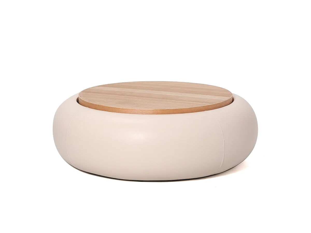 Salontafel Draby - Rond Beige Kunstleer/Naturel Essenfineer met Opbergruimte - Ø 102 x 34 cm