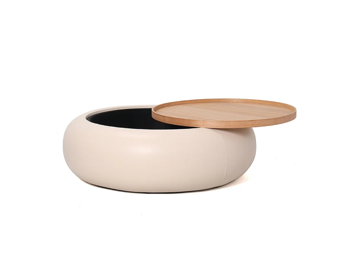 Salontafel Draby - Rond Beige Kunstleer/Naturel Essenfineer met Opbergruimte - Ø 102 x 34 cm
