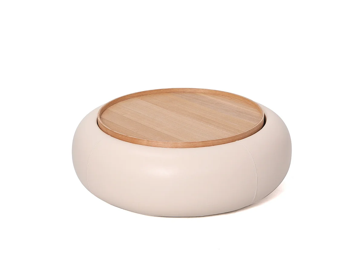 Salontafel Draby - Rond Beige Kunstleer/Naturel Essenfineer met Opbergruimte - Ø 102 x 34 cm