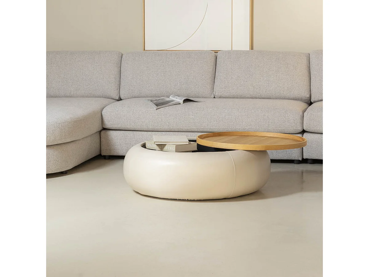 Salontafel Draby - Rond Beige Kunstleer/Naturel Essenfineer met Opbergruimte - Ø 102 x 34 cm