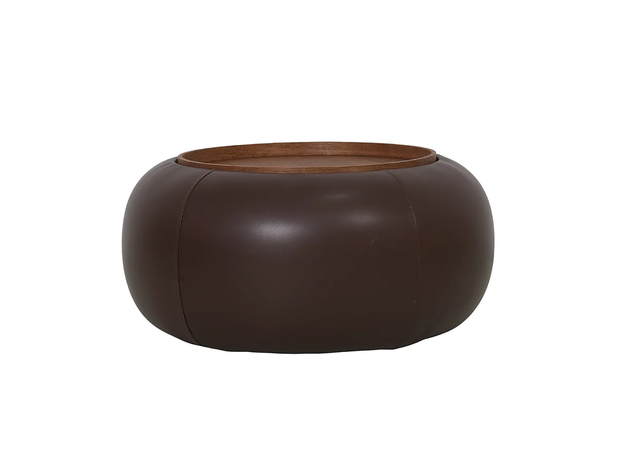 Salontafel Draby met Opbergruimte - Donkerbruin Kunstleer/Walnootkleurig Fineer - Ø 73 x 34 cm