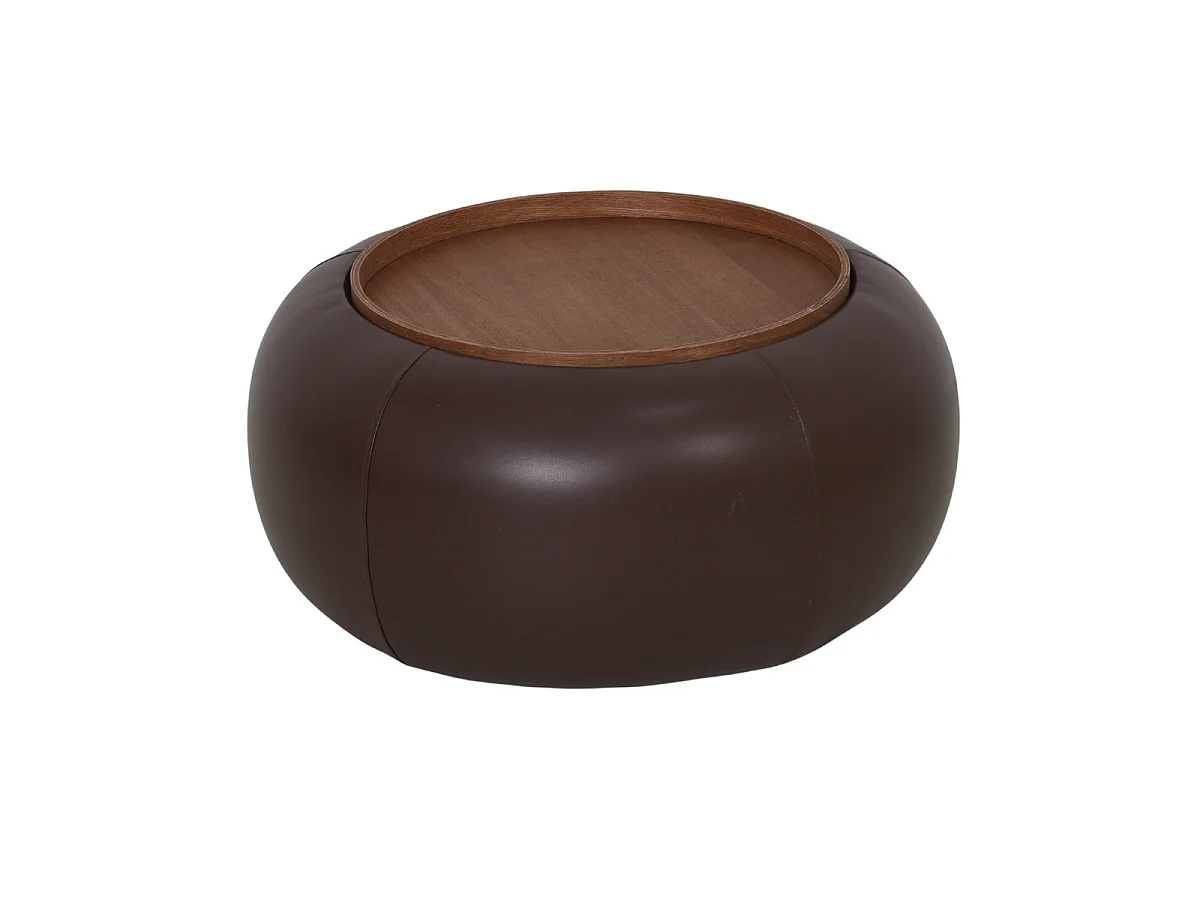 Salontafel Draby met Opbergruimte - Donkerbruin Kunstleer/Walnootkleurig Fineer - Ø 73 x 34 cm