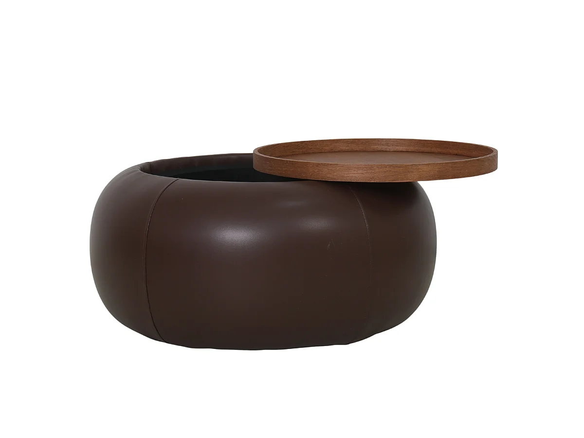 Salontafel Draby met Opbergruimte - Donkerbruin Kunstleer/Walnootkleurig Fineer - Ø 73 x 34 cm