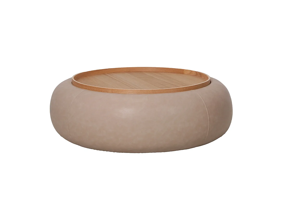 Salontafel Draby - Rond Taupe Kunstleer/Naturel Essenfineer met Opbergruimte - Ø 102 x 34 cm