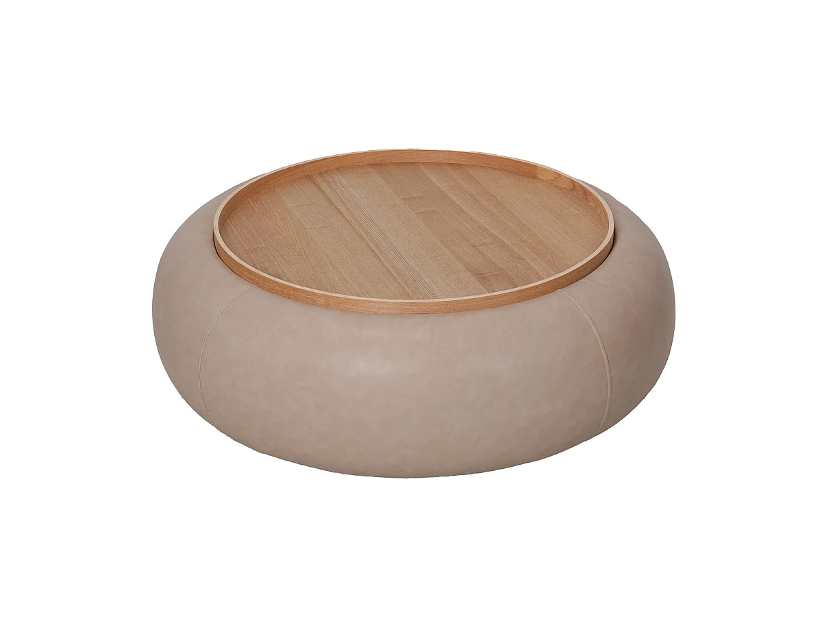 Salontafel Draby - Rond Taupe Kunstleer/Naturel Essenfineer met Opbergruimte - Ø 102 x 34 cm