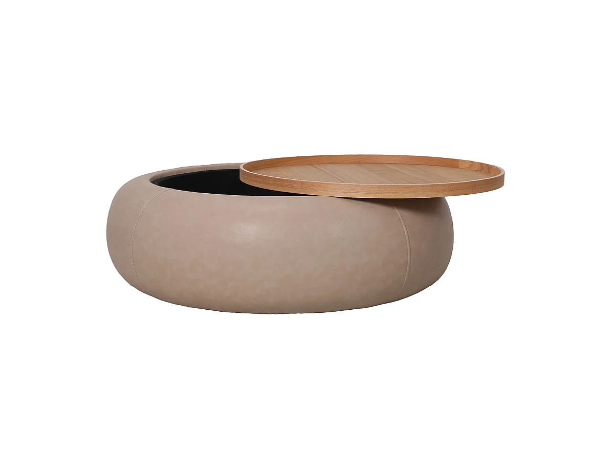 Salontafel Draby - Rond Taupe Kunstleer/Naturel Essenfineer met Opbergruimte - Ø 102 x 34 cm