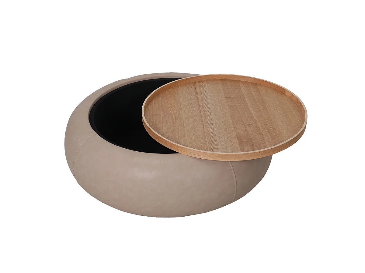 Salontafel Draby - Rond Taupe Kunstleer/Naturel Essenfineer met Opbergruimte - Ø 102 x 34 cm