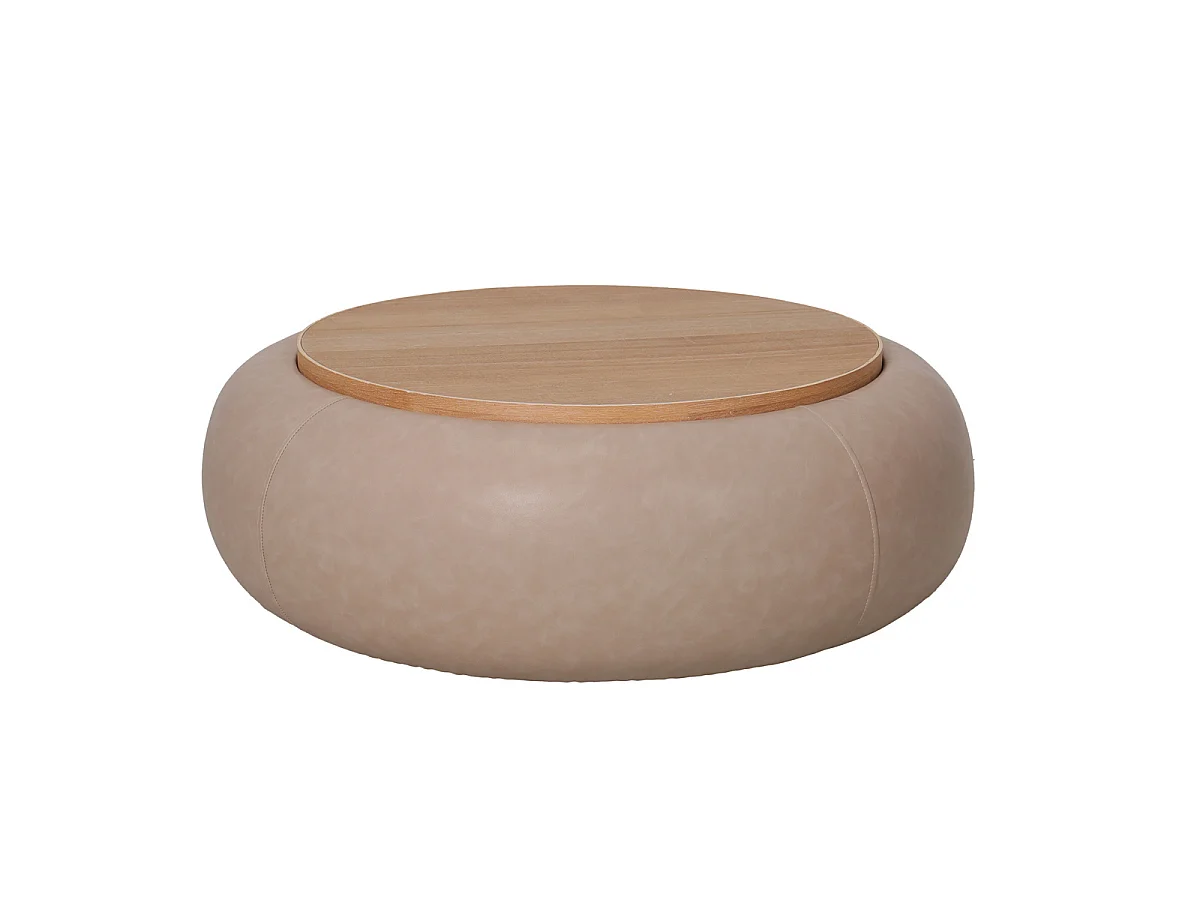 Salontafel Draby - Rond Taupe Kunstleer/Naturel Essenfineer met Opbergruimte - Ø 102 x 34 cm