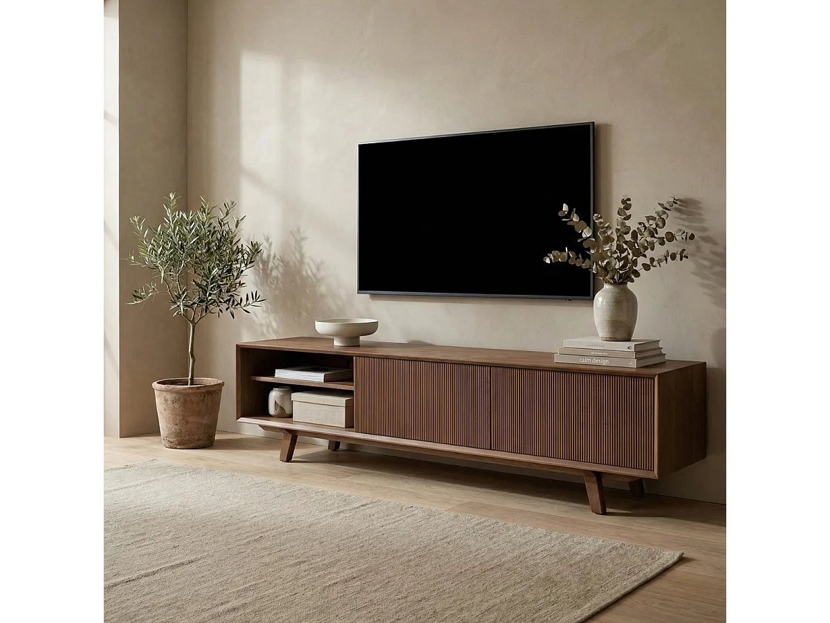 Tv-meubel Melide - Bruin Eiken met 2 Deuren en 6 Vakken - 200 x 40 x 45 cm