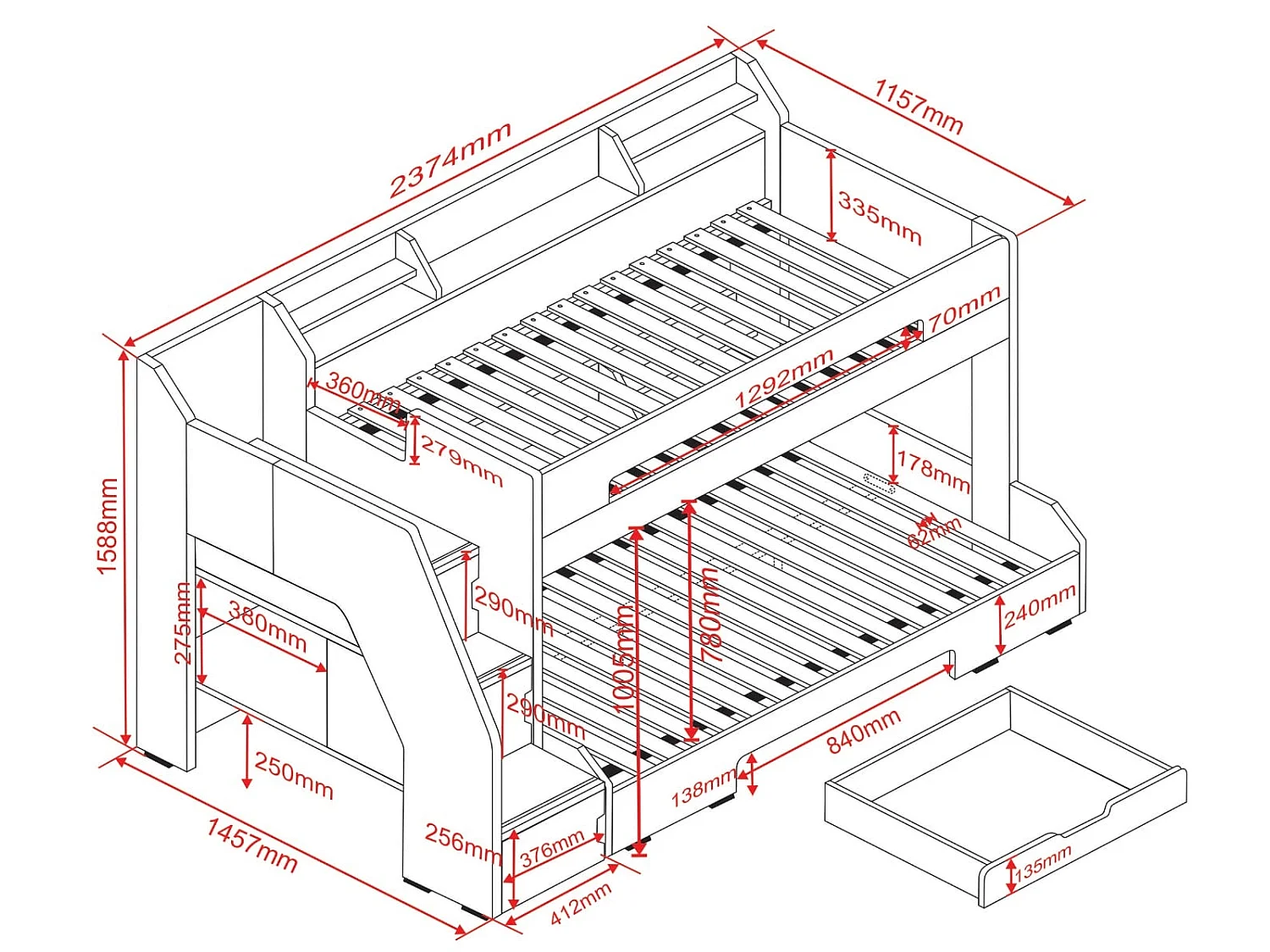 Flair Slick Staircase Triple Bunk Bed White