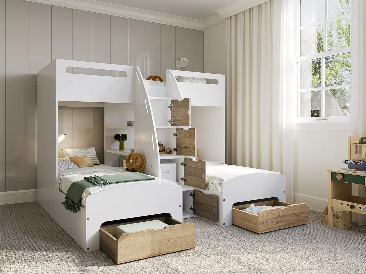 Flair Eddie Staircase Triple Bunk Bed with Storage Oak