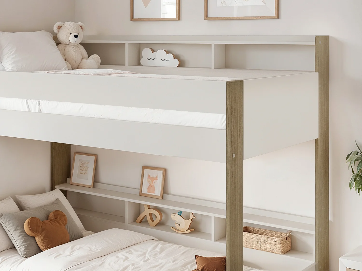 Noomi Bodie Solid Wood Storage Bunk Bed White & Oak